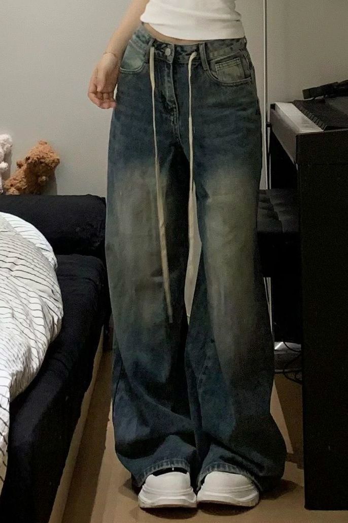 Straight Loose Slimming And Wide Leg All-match Retro Washed Jeans ARZ