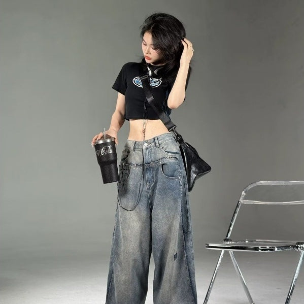 High Street Special-interest Design Wide Leg Washed Jeans ARZ