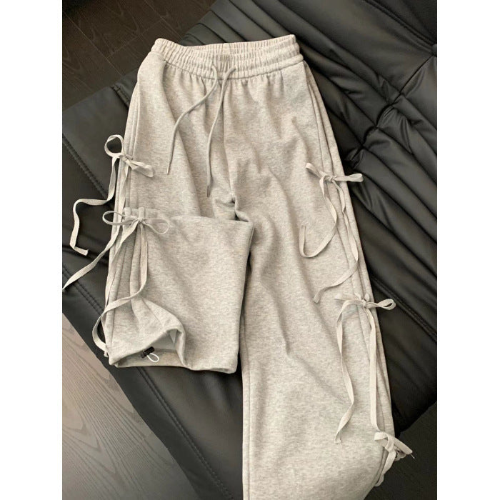 Women's Korean-style Vintage Bow Lace Up Straight Sweatpants ARZ