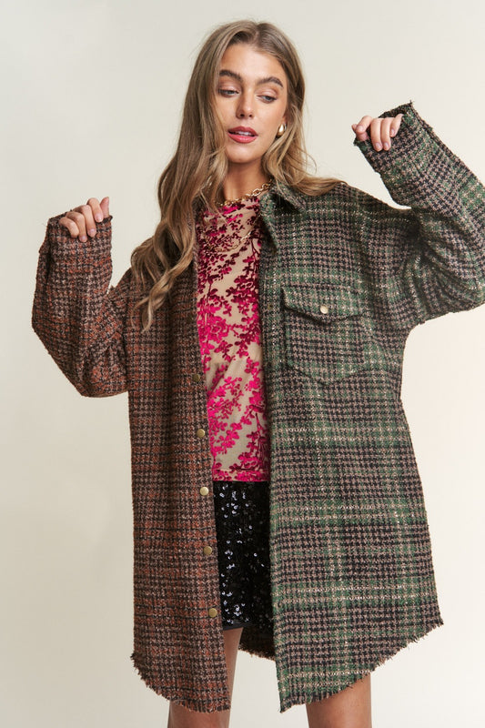 J.NNA Snap Down Tweed Plaid Contrast  Longline Shacket Trendsi