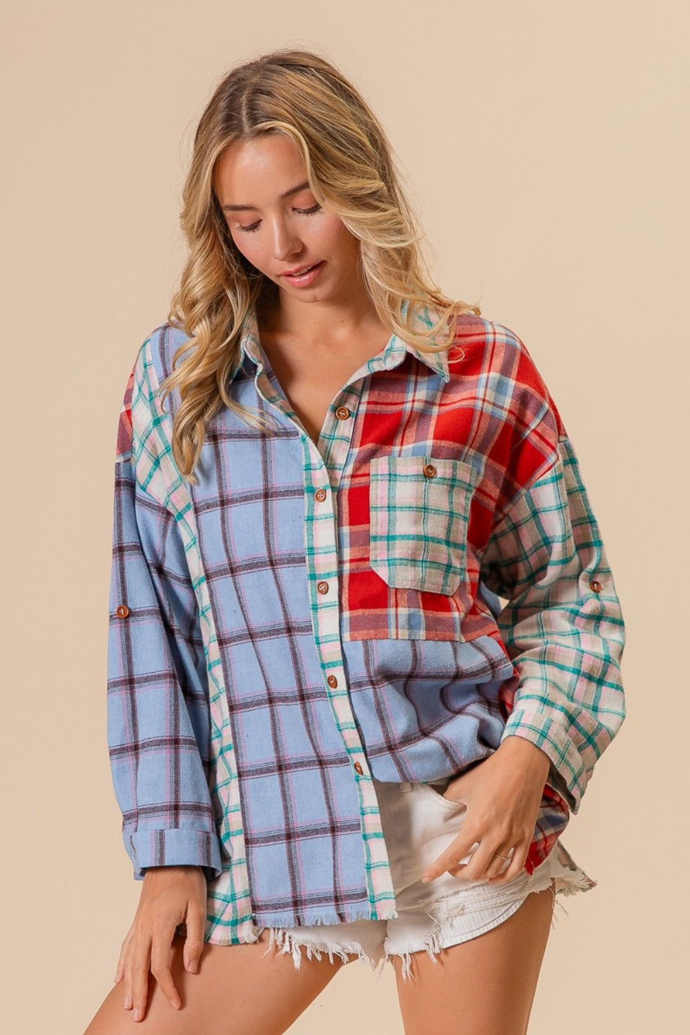 BiBi Color Block Plaid Button Down Shirt Trendsi