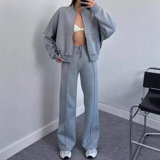 Spring Fashion Solid Color Zipper Cardigan Straight-leg Pants Women's Suit ARZ