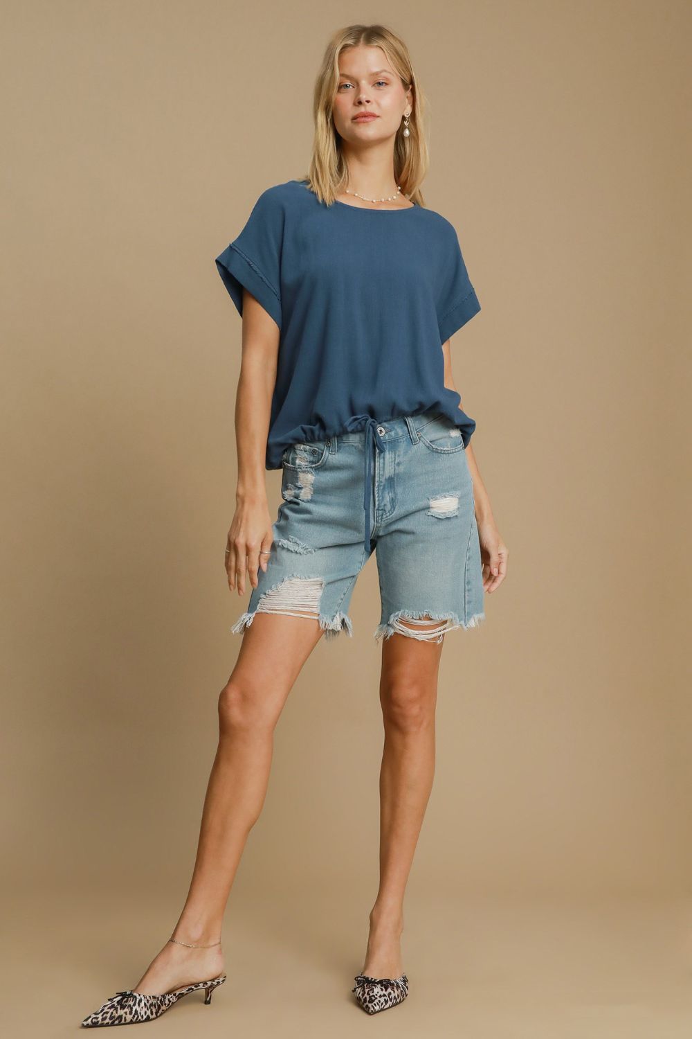 Umgee Drawstring Hem Round Neck Short Sleeve T-Shirt Trendsi