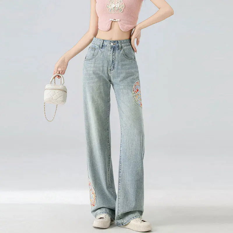 High Waist Straight Niche Design Embroidered Mopping Wide Leg Trousers ARZ