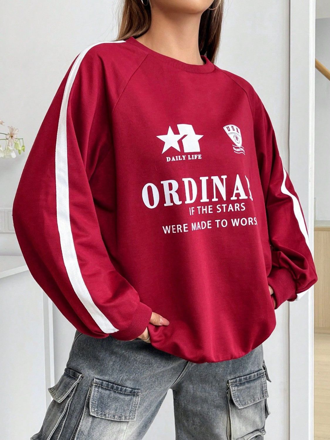 Letter Graphic Round Neck Long Sleeve Sweatshirt Trendsi