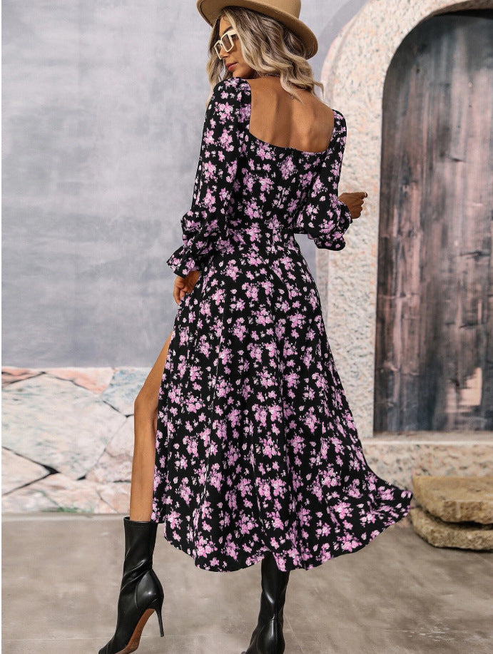 Flowers Printing Long Sleeve Dress Fashion Square-neck Bottom Slit Dresses Womens  Clothing ARZ