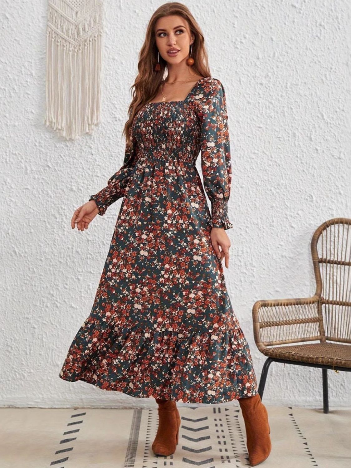 Smocked Floral Square Neck Long Sleeve Dress Trendsi