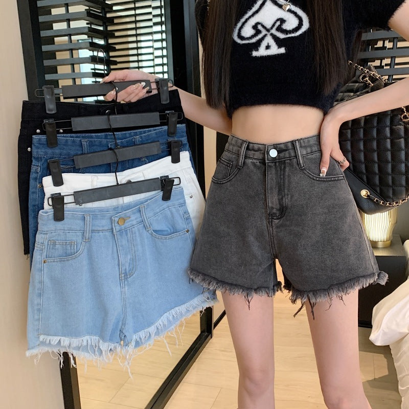 Wide Leg Denim Shorts Frayed Summer New High Waist Slimming ARZ