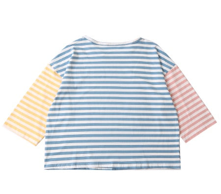 Casual Loose Women Striped T-shirt Spell Color Muppet Embroidery O Neck Three Quarter Sleeve Femme Loose Tshirt Tees Tops Cotton ARZ