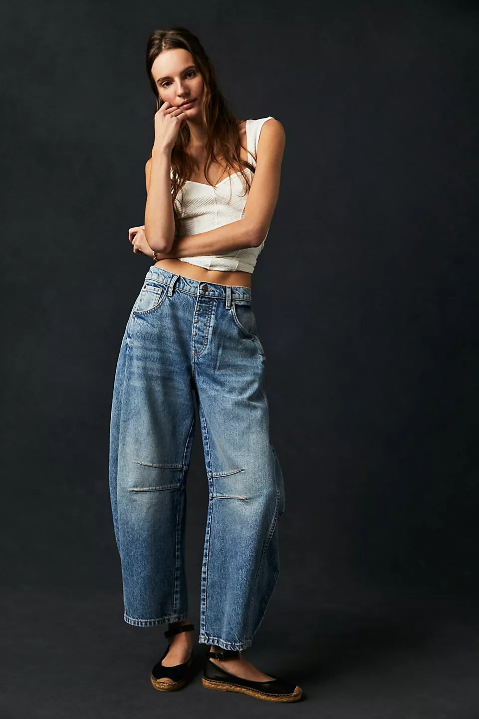 High Stretch Mid-Rise Barrel Jeans Fashion Wide Leg Shape Women Casual Baggy Mid Waist Denim Jeans ARZ