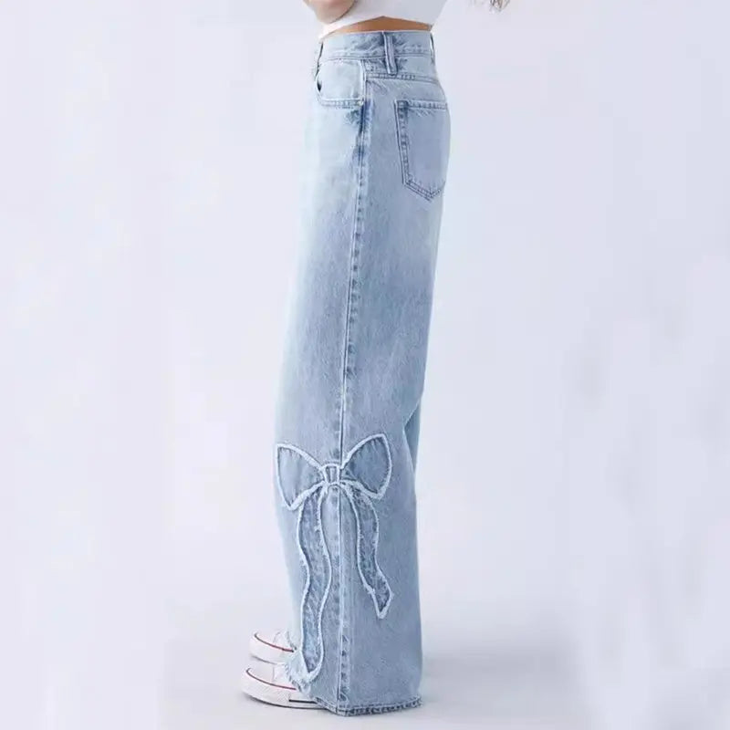 Women's Straight Trousers Embroidered Side Frayed Butterfly Jeans Street Design Hot Girl Baggy Pants ARZ