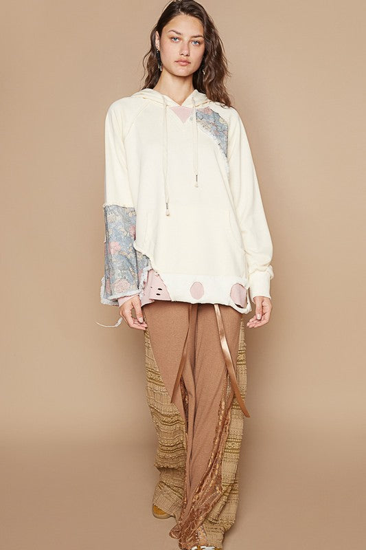 POL Floral Patchwork Distressed Drawstring Hoodie Trendsi