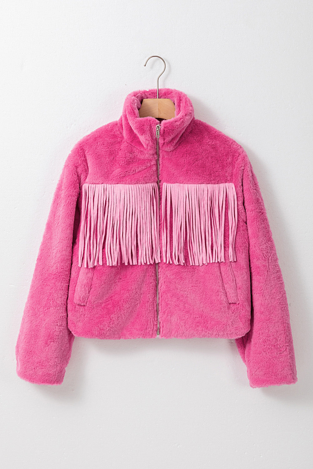 Fringed Zip Up Fleece Jacket Trendsi