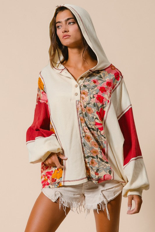 BiBi Contrast Stitching Floral Half Button Hoodie Trendsi