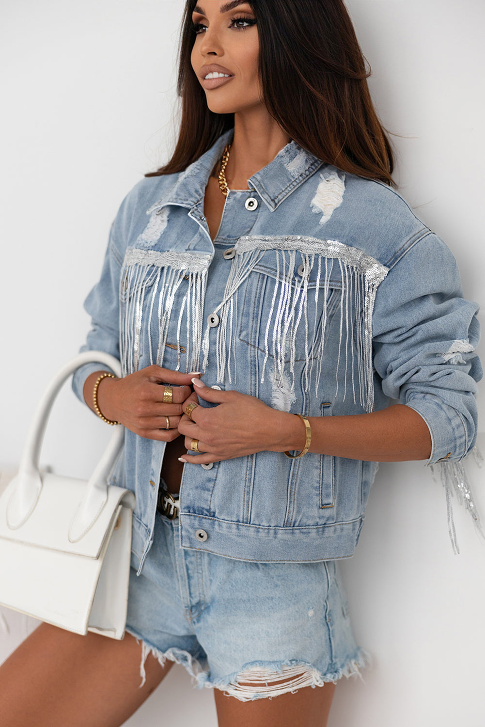 Sequin Fringe Trim Distressed Button Up Denim Jacket Trendsi