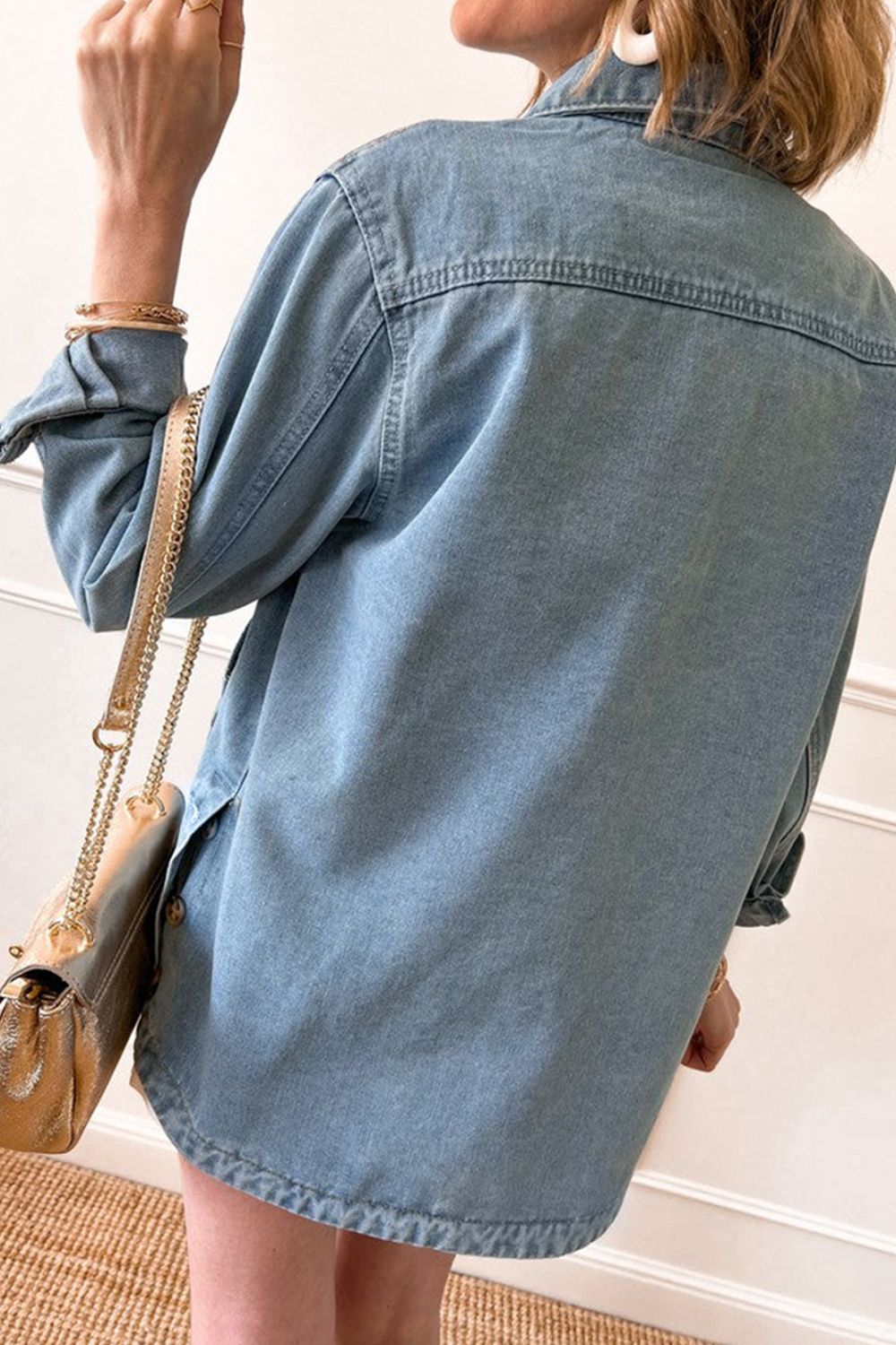 Pocketed Button Up Long Sleeve Denim Jacket Trendsi