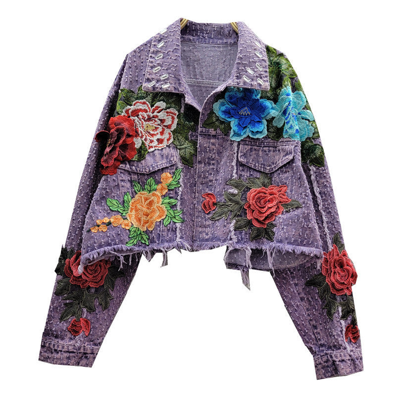 Design Sense Heavy Industry Three-dimensional Flower Short Frayed Hem Casual Denim Coat ARZ