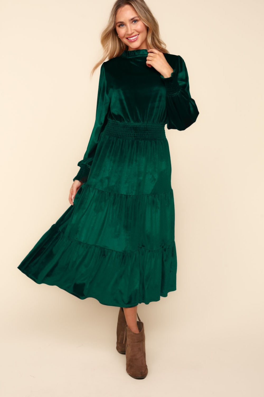 Haptics Mock Neck Smocked Waist Velvet Tiered Dress Trendsi