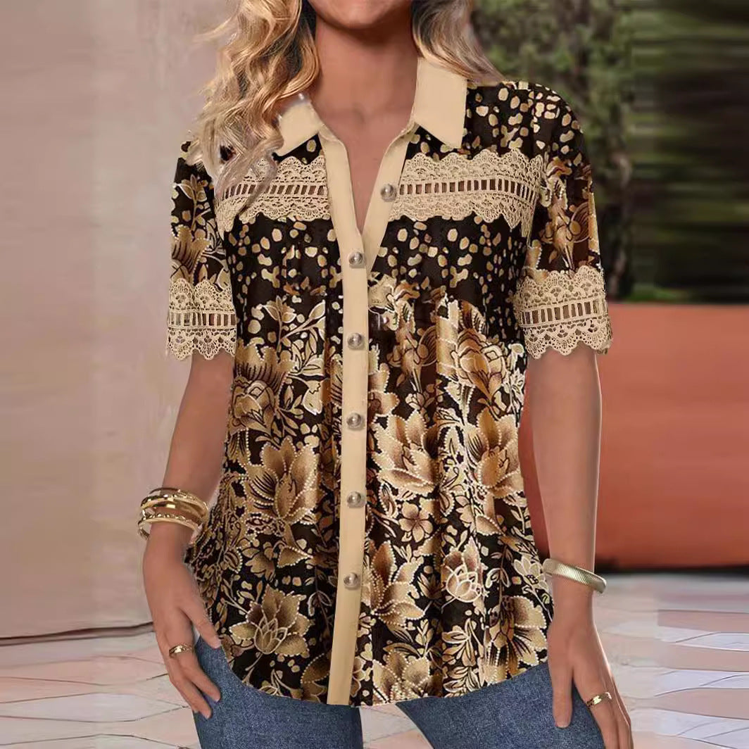 Women's V-neck Buttons Stitching Short Sleeve Casual Printed Shirt ARZ