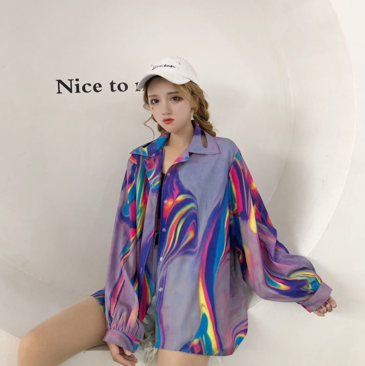 Lychee Harajuku Laser Women Blouse Rainbow Turn Down Collar Long Sleeve Casual Loose Holographic Hologram Shirt Tops Female ARZ