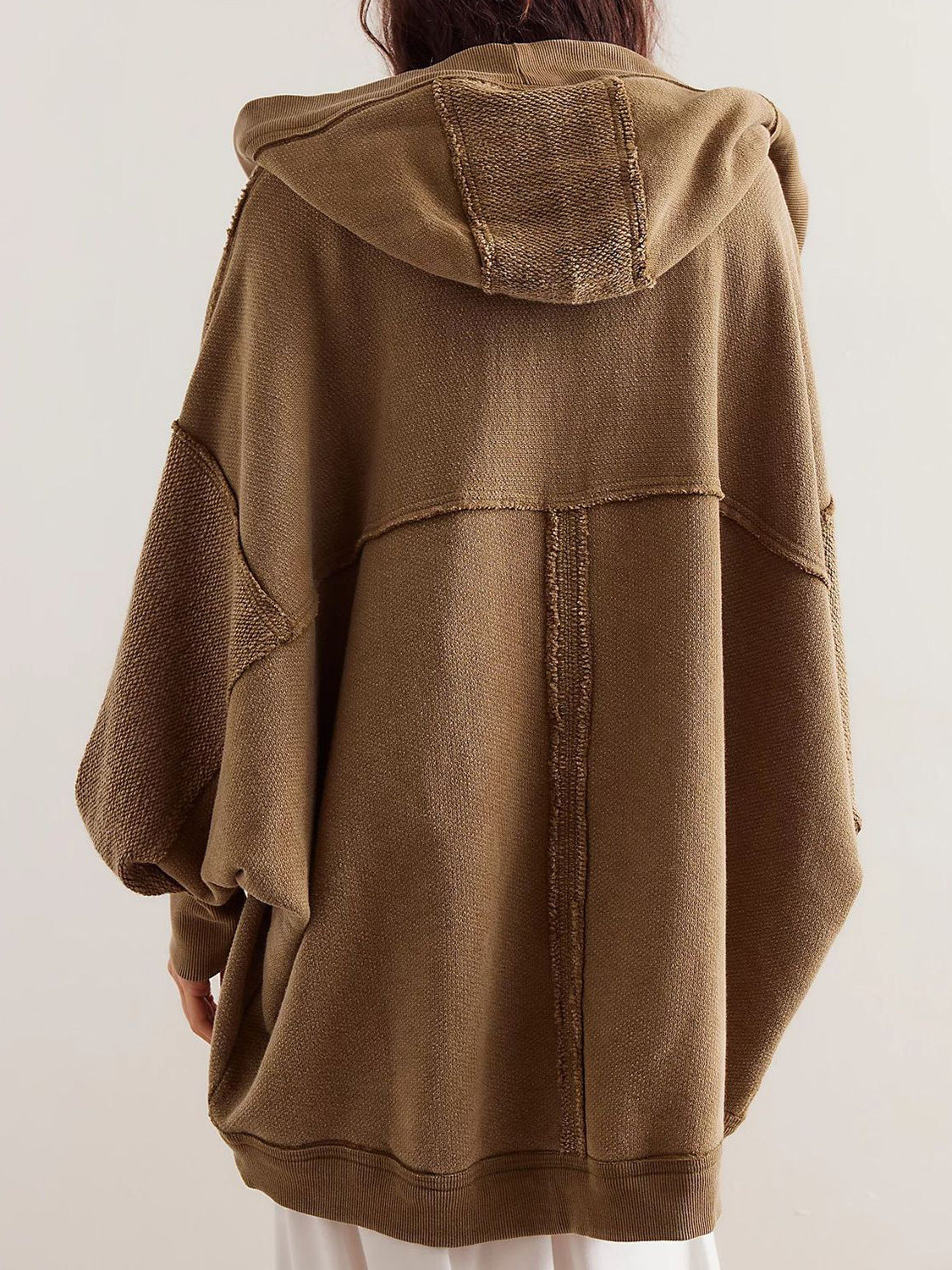 Exposed Seam Open Front Batwing Sleeve Hooded Cardigan Trendsi