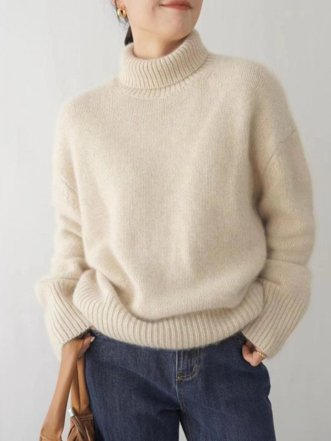 Turtleneck Dropped Shoulder Long Sleeve Sweater Trendsi