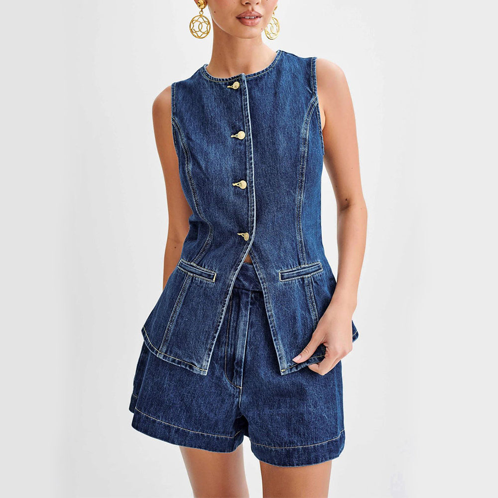 Fashion Denim Suit Summer Casual Sleeveless Button Vest Top And High Waist Shorts Set For Womens Clothing ARZ