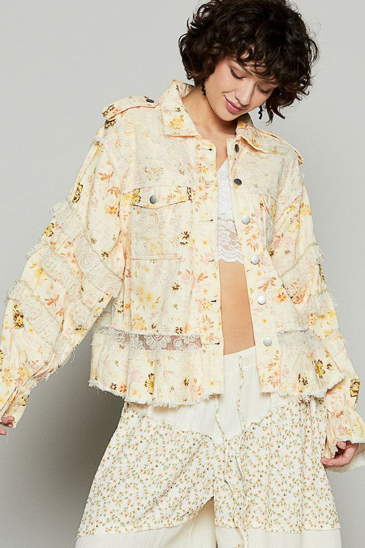 POL Raw Hem Lace Patch Flounce Sleeve Jacket Trendsi