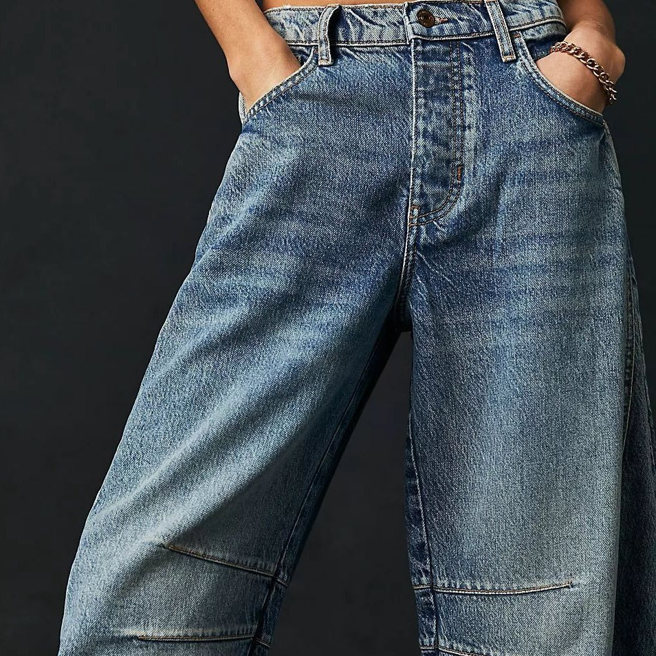 High Stretch Mid-Rise Barrel Jeans Fashion Wide Leg Shape Women Casual Baggy Mid Waist Denim Jeans ARZ