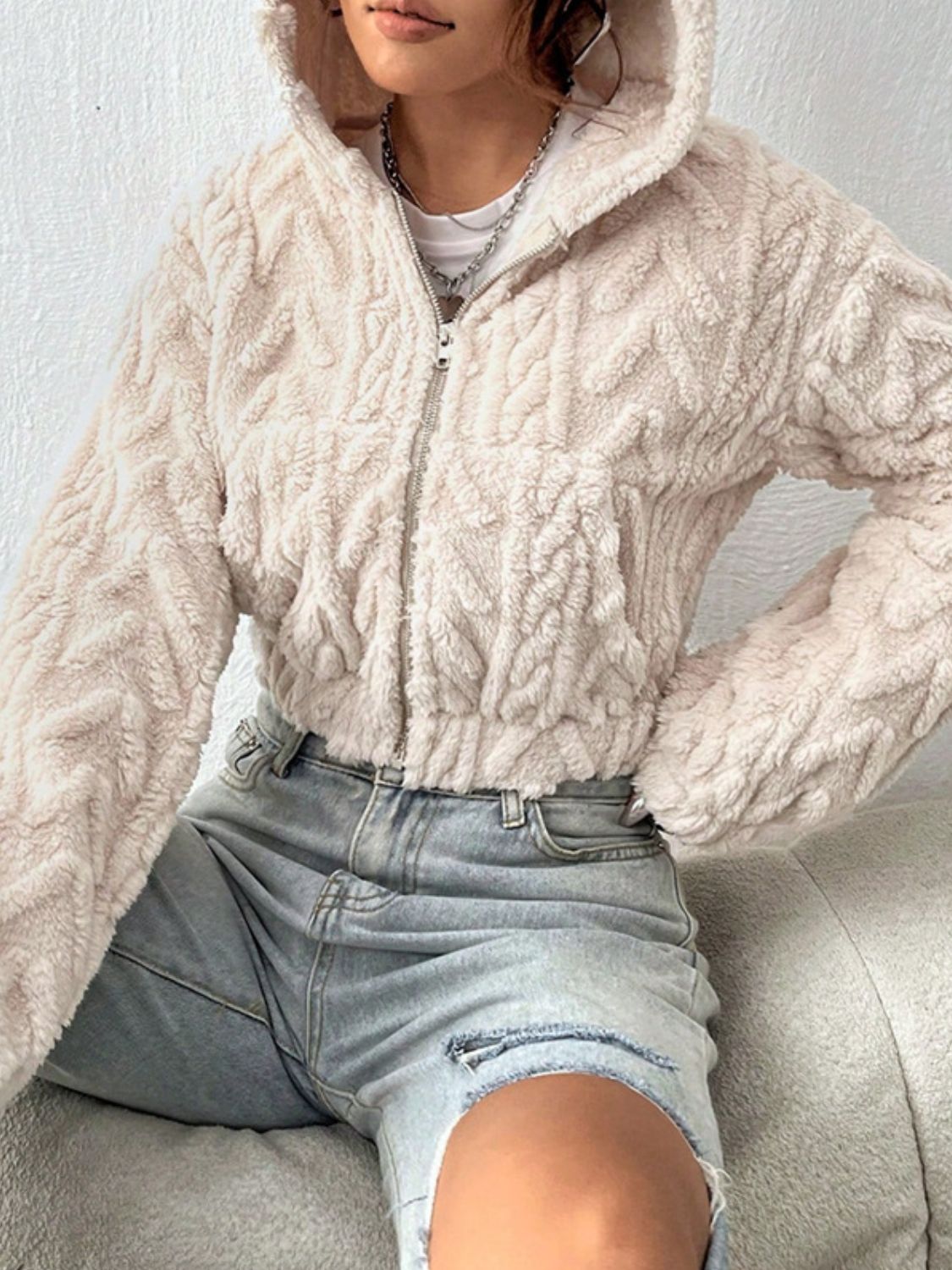 Fuzzy Zip Up Long Sleeve Hooded Outerwear Trendsi