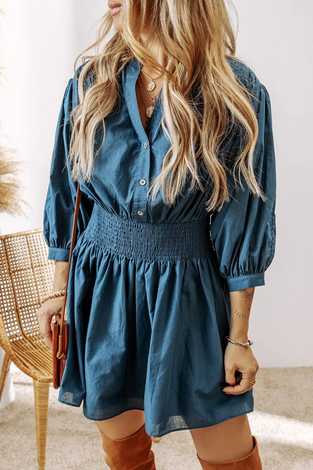 Smocked Half Button Three-Quarter Sleeve Mini Dress Trendsi