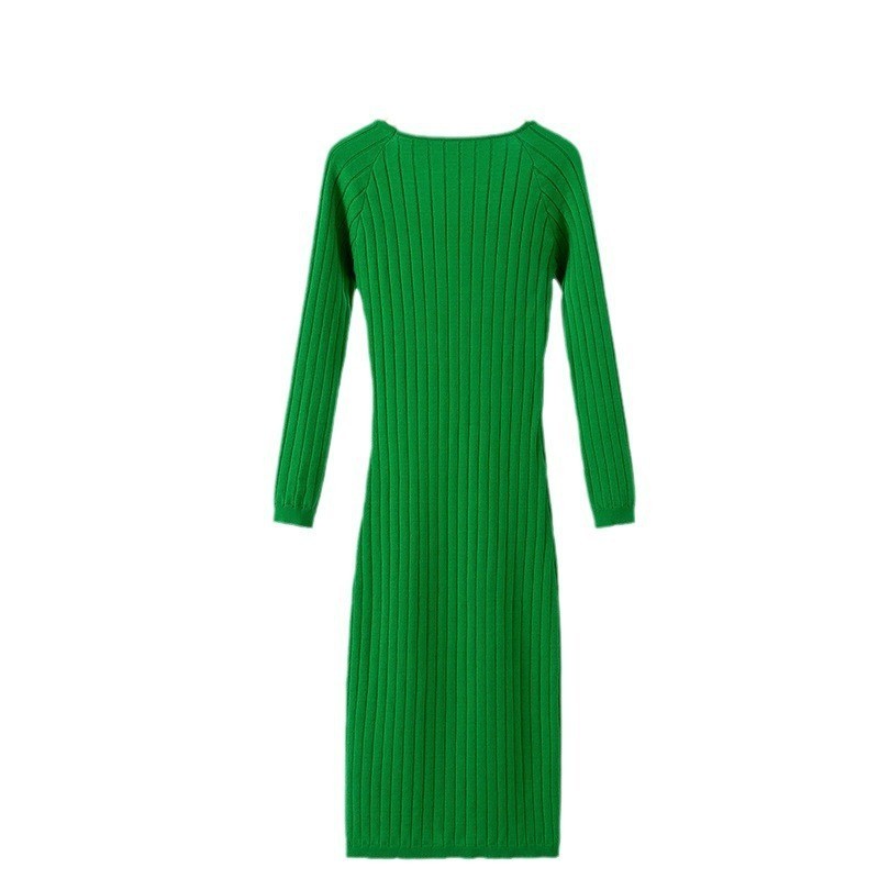 European And American Autumn And Winter Long Sleeve Crew Neck Split Knitted Long Dress ARZ