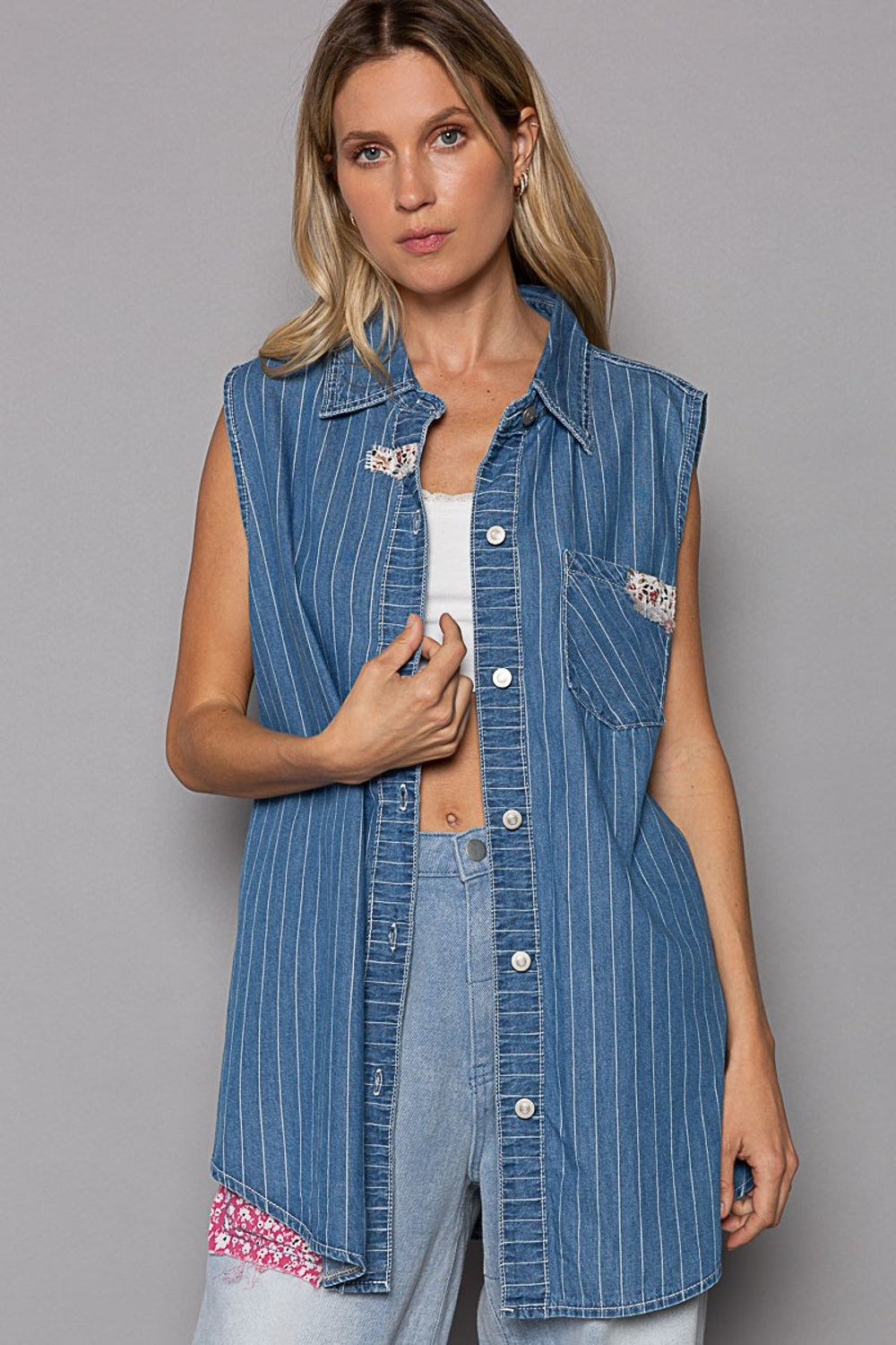 POL Button Down Sleeveless Striped Denim Shirt Trendsi