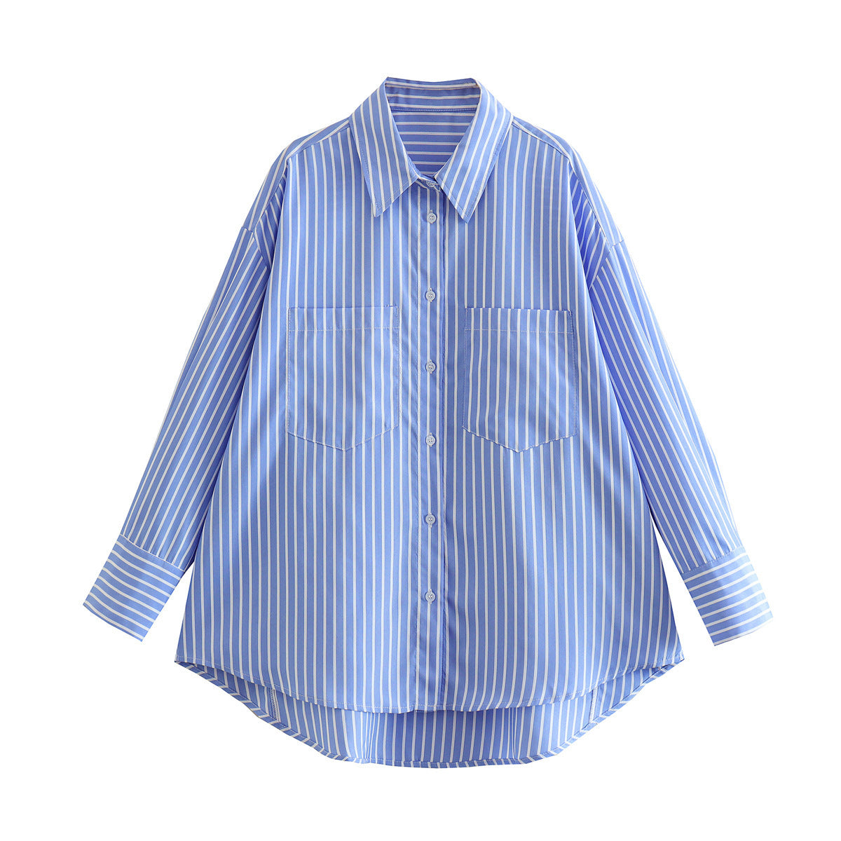 Loose Casual Mid-length Short Front And Long Back Striped Shirt ARZ