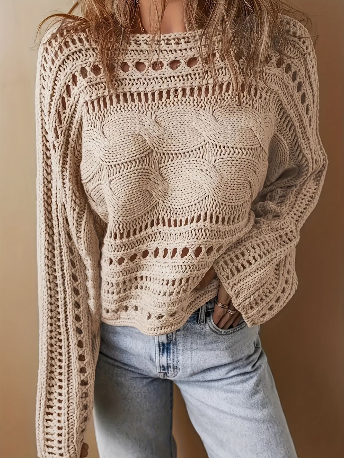 Hollow Out Cable-Knit Boat Neck Sweater Trendsi