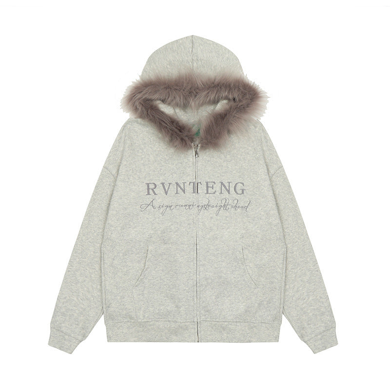 American Retro Alphabet Embroidery Fur Collar Hood Brushed Hoody ARZ