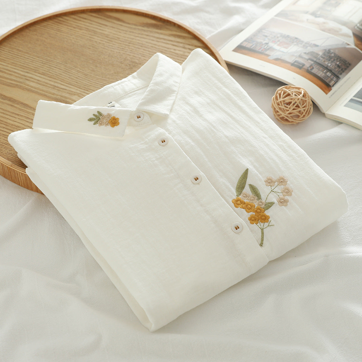 Artistic Flower Embroidery Double-layer Cotton Yarn Half Sleeve Shirt New Loose-fitting Short Sleeves Top ARZ