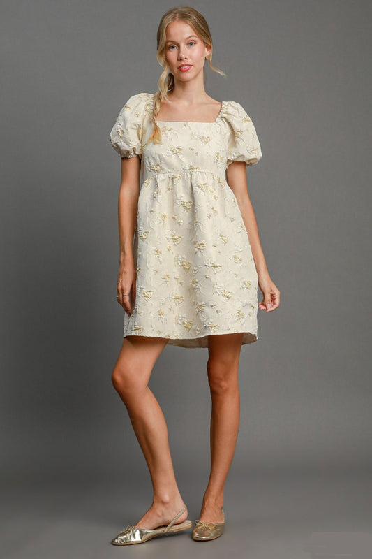 Umgee Heart Jacquard Square Neck Puff Sleeve Mini Dress Trendsi