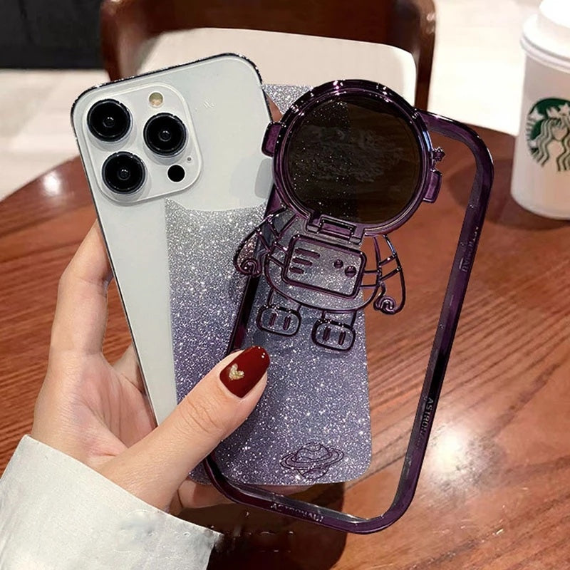 Glitter Astronaut Camera Stand Phone Case For IPhone 14 13 12 11 Pro Max XR 14 Plus Invisible Lens Bracket Plating Soft Cover ARZ