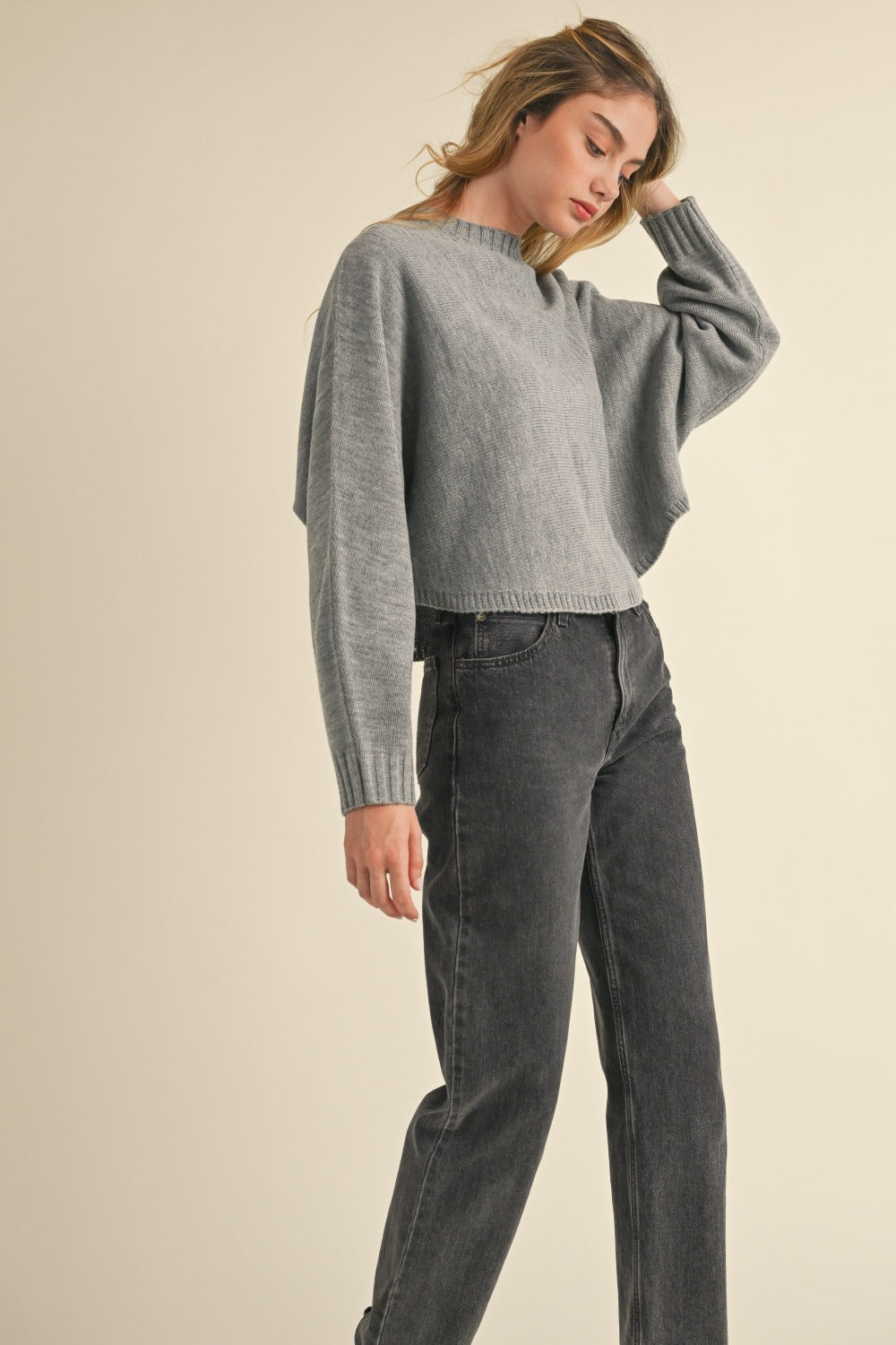 Mable Round Neck Dolman Sleeve Cropped Sweater Trendsi