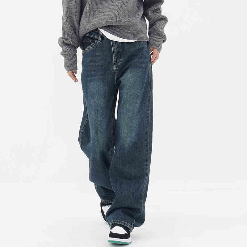 Retro Blue Jeans Women's Gradient High Waist Straight Casual Pants ARZ