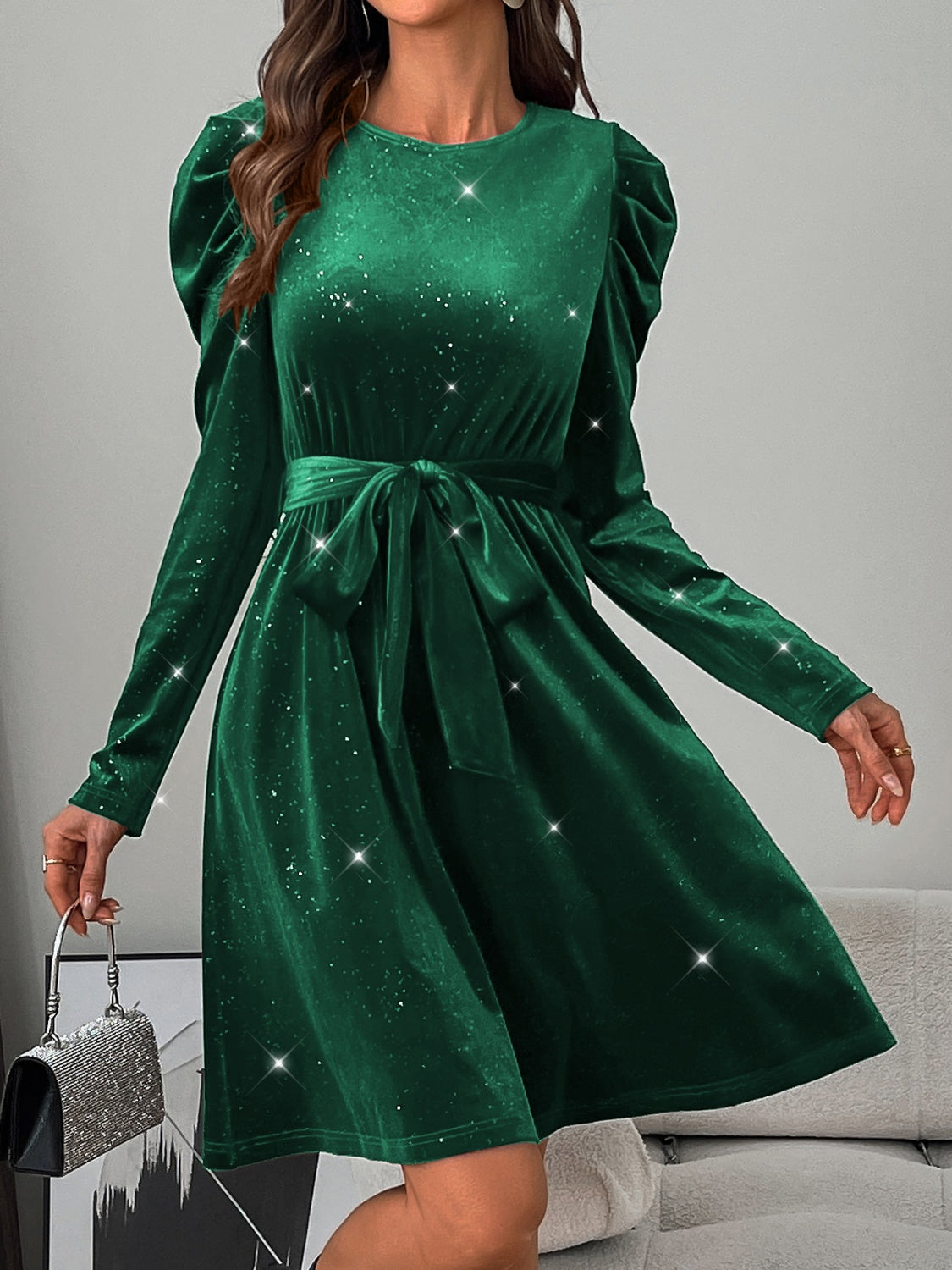 Glitter Round Neck Puff Sleeve Dress Trendsi