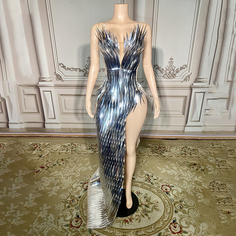 Stage Advanced Light Luxury Evening Dress Sequined Design Side Slit Tail Slim Temperament ARZ