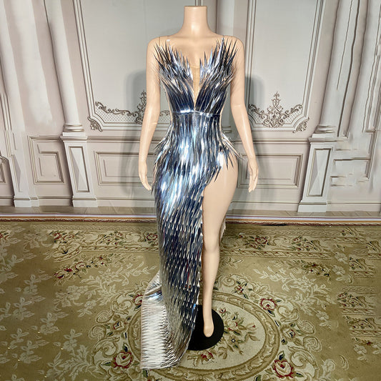 Stage Advanced Light Luxury Evening Dress Sequined Design Side Slit Tail Slim Temperament ARZ