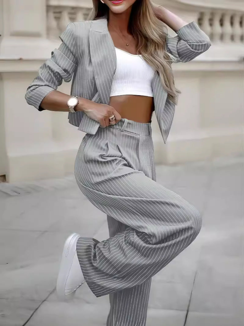 Fashion Striped Suits Casual Lapel Long Sleeve Cropped Top And Straight Pants Outfits Women's Clothing ARZ