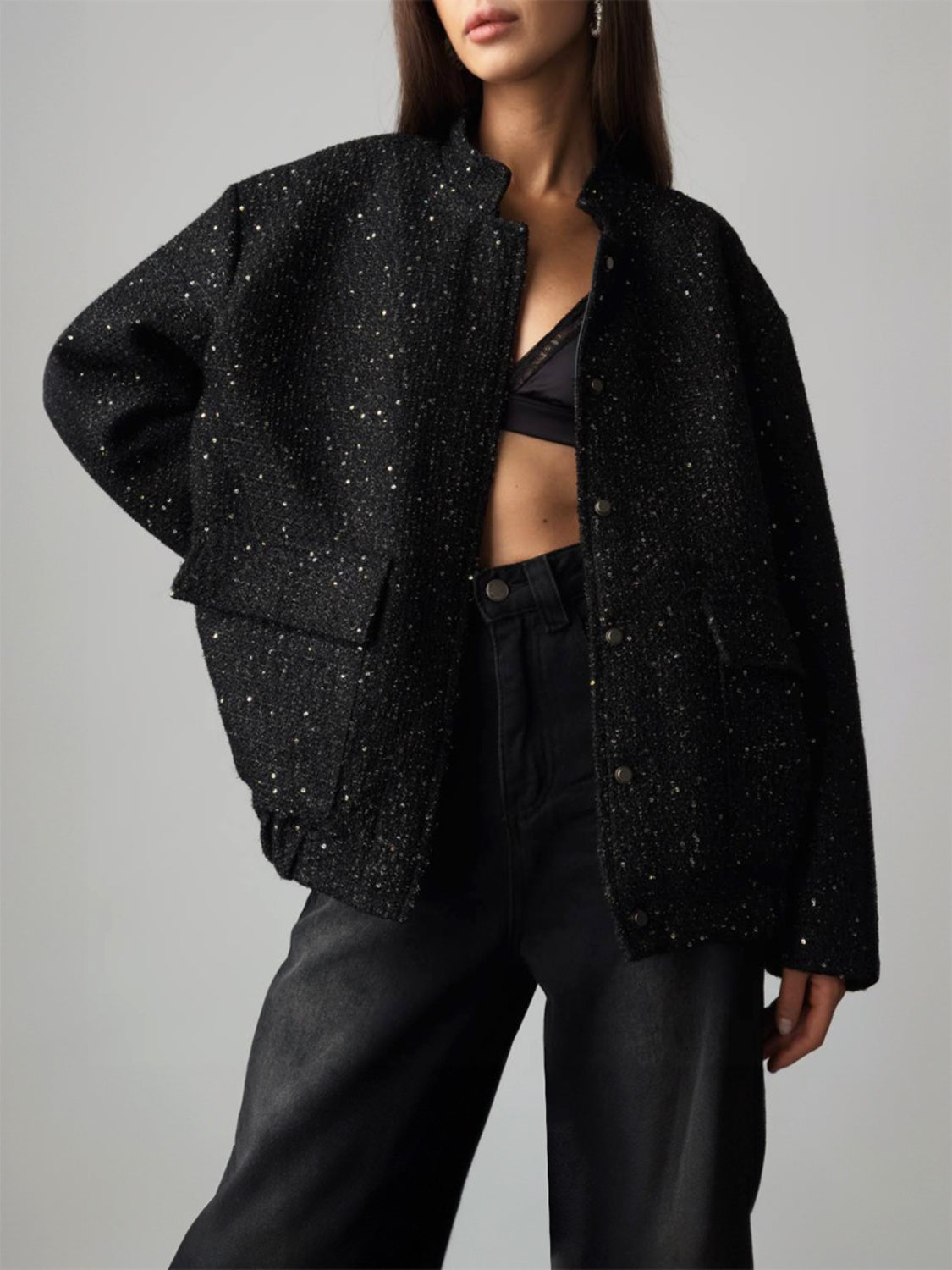 Sequin Detail Pocketed Long Sleeve Jacket Trendsi