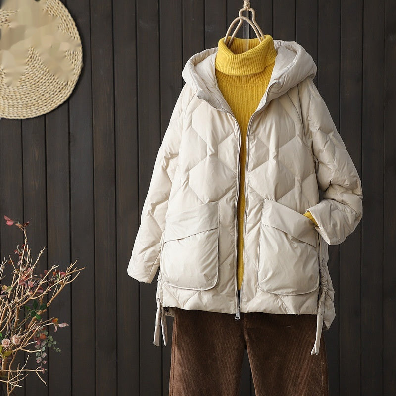 Casual Mid-length Drawstring Cinched Hoodie Down Jacket ARZ