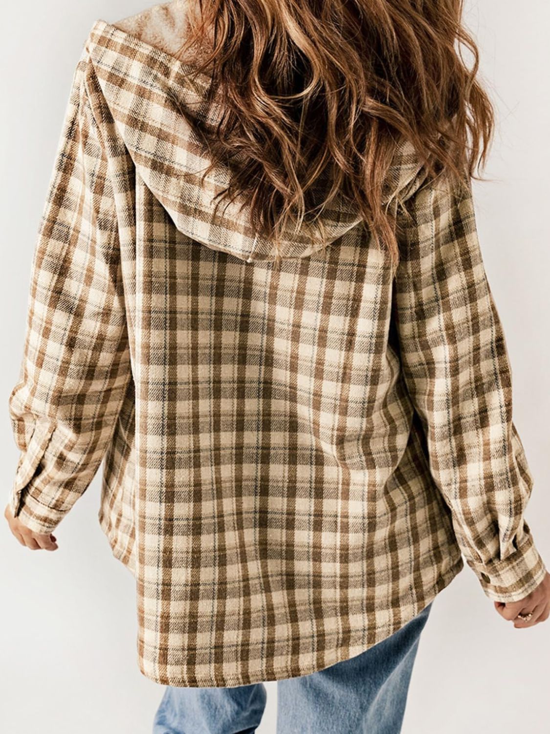 Plaid Snap Down Plush Hooded Jacket Trendsi