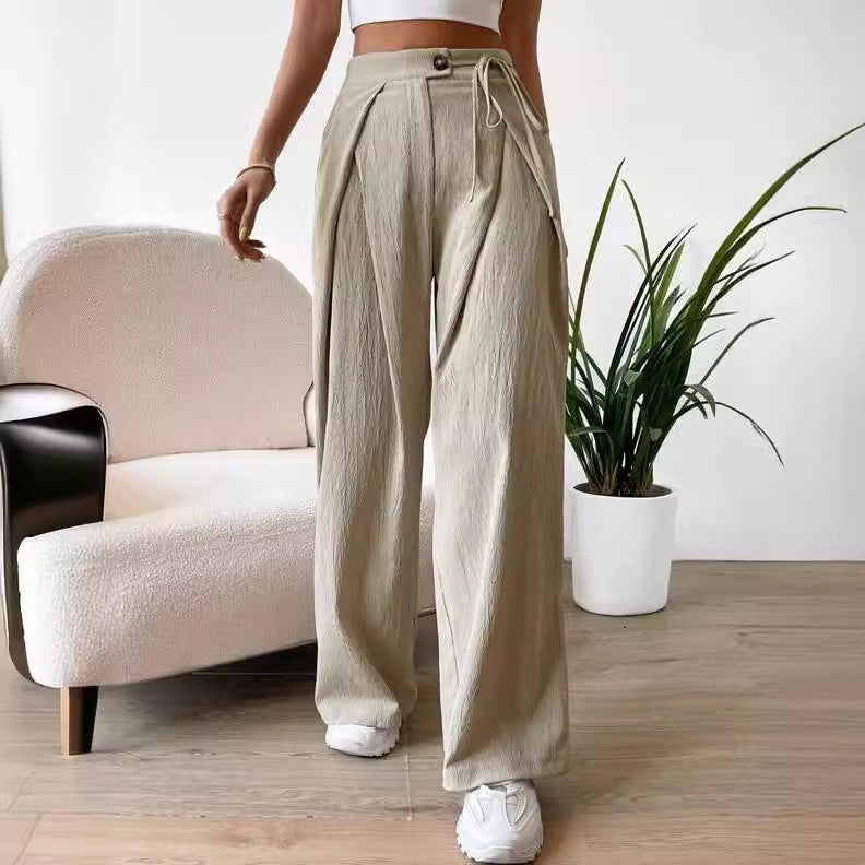 Women's High Waist Drawstring Patchwork Wide-leg Pants Casual Straight Pants ARZ