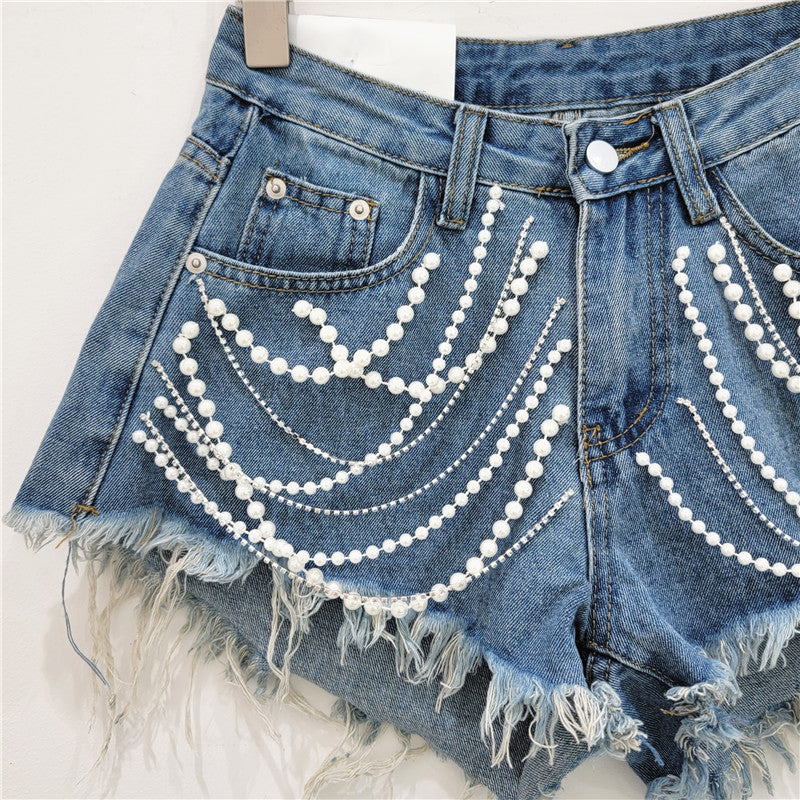 Denim Shorts Women's Summer High Waist Slimming Rhinestone Fringed Burr ARZ